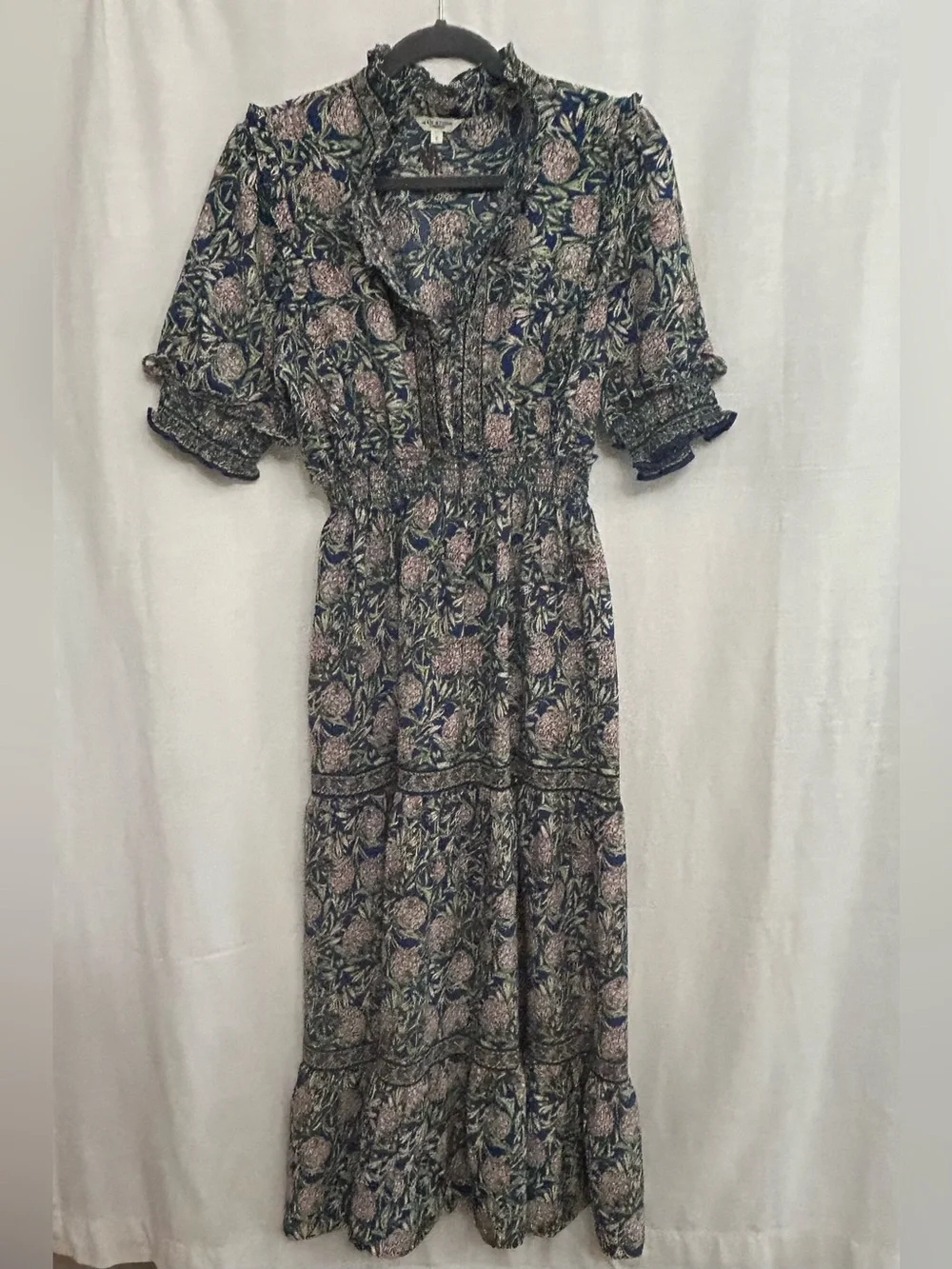 Max‎ Studio Navy Floral Smocked Split Neck Maxi Dress